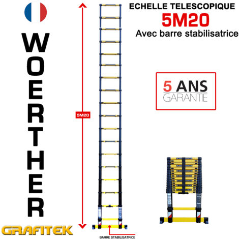 Woerther – Échelle télescopique 5m20 – Barre stabilisatrice – Charge maximale 150kg – Norme EN131 – Hauteur pliée 99cm – Aluminium 7175T6