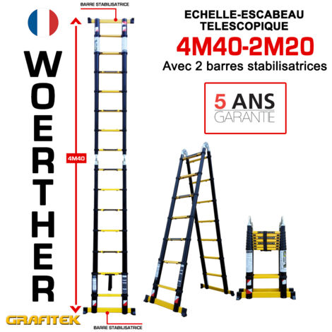 Woerther – Échelle télescopique 4m40 – Charge maximale 150kg – Barre stabilisatrice pour sécurité accrue – Verrouillage automatique