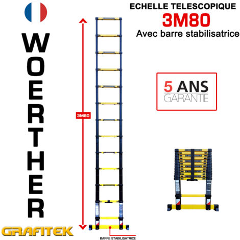 Woerther – Échelle télescopique 3m80 – Charge maximale 150Kg – Verrouillage automatique – Système Push & Go – Aluminium 7175T6 – Garantie 5 ans