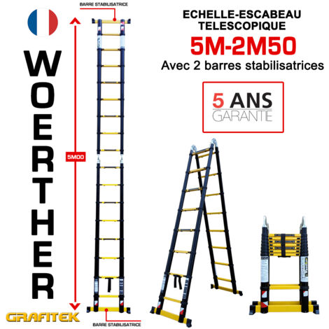 Woerther – Échelle télescopique 5m avec barre stabilisatrice – Charge maximale 150kg – Verrouillage automatique – Pour chantiers humides