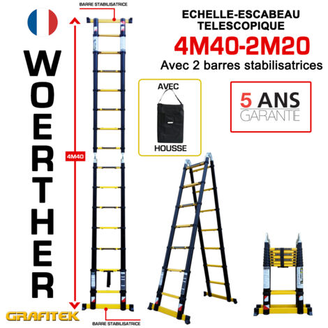 Echelle-escbeau télescopique 4m40/2m20 Woerther avec barre stabilisatrice - Charge maximal 150Kg - Garantie 5 ans