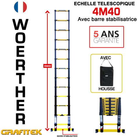 Echelle télescopique 4m40 Woerther avec barre stabilisatrice - Charge maximal 150Kg - Garantie 5 ans