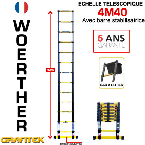 Echelle télescopique 4m40 Woerther avec barre stabilisatrice - Avec sac porte ouils  - Charge maximal 150Kg - Garantie 5 ans