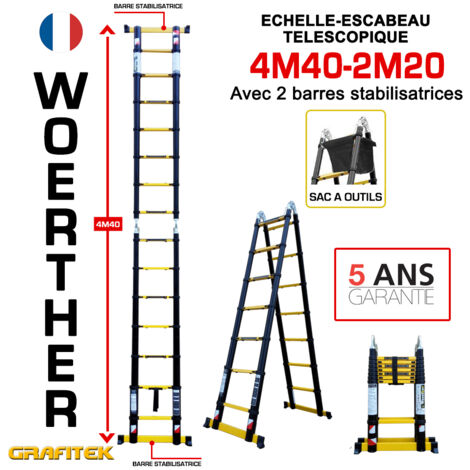 Echelle-escbeau télescopique 4m40/2m20 Woerther avec barre stabilisatrice - Avec sac porte outils - Charge maximal 150Kg - Garantie 5 ans