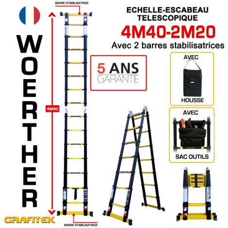 Echelle-escbeau télescopique 4m40/2m20 Woerther avec barre stabilisatrice -  Avec housse et sac porte outils -  Charge maximal 150Kg - Garantie 5 ans
