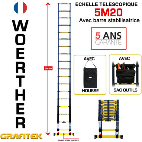 Echelle télescopique 5m20 Woerther avec barre stabilisatrice - Avec housse et sac porte outils - Charge maximal 150Kg - Garantie 5 ans