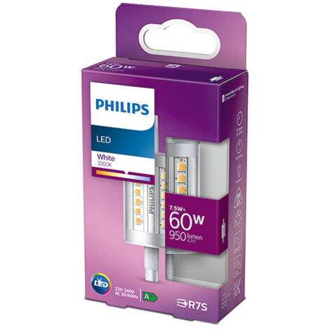 Bombilla LED Philips R7s 7.5W LED 3000K Luz cálida. 8×3 cm. Foco reflector Color blanco