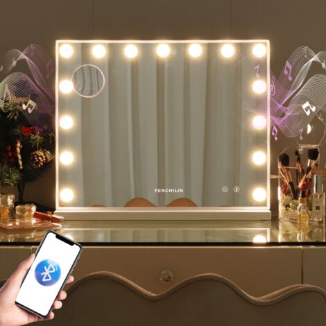FENCHILIN Hollywood Spiegel mit Beleuchtung Lautsprecher USB Schminkspiegel mit 15 Dimmbaren LED Lampen, Touch Control Schminkspiegel Spiegel mit Beleuchtung 3 Lichtlfarben Memory Funktion 58cm x 46cm