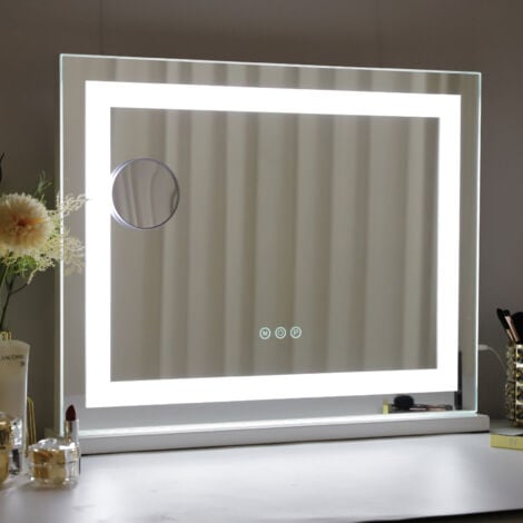 FENCHILIN Spiegel mit Lampe kann 3 Lichteffekte einstellen hängt an der Wand / Schreibtisch Dual-Use-Spiegel Make-up-Spiegel Badezimmerspiegel große weiße 58cm x 46cm weiß