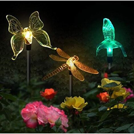 3er-Pack Solar-Gartenleuchten, Schmetterling, Kolibri, Libelle, solarbetriebene LED, mehrfarbig
