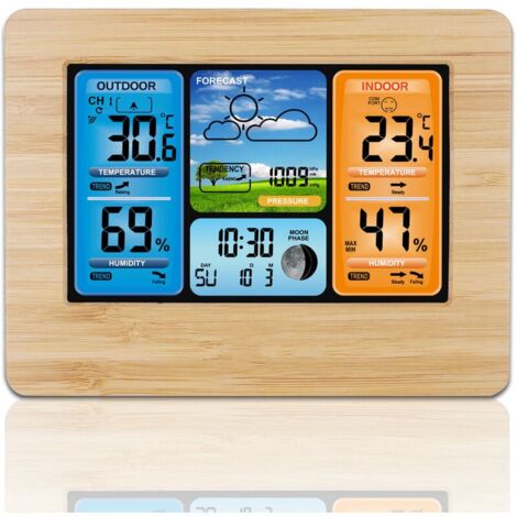 LCD-Farbbildschirm, Wettervorhersage, Wecker, Innen- und Außenthermometer und Hygrometer, Uhr 3373Norcc Bamboo (1/4)