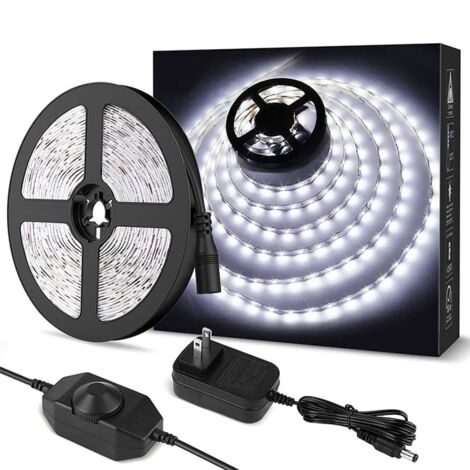 YMYNY 5M LED Streifen 1200LM Kaltweiß Dimmbar, 12V 6000K 300LEDs 2835, Selbstklebender LED Streifen mit Dimmer, Anschlüssen + Trafo, Innenbeleuchtung für Möbel, Treppen, Schlafzimmer, Küche (1/4)