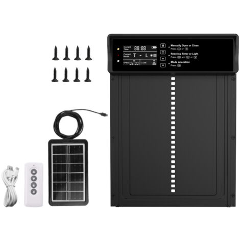 Porte Poulailler Automatique Solaire, Porte Automatique Poulailler Horizontal Porte en Aluminium avec Capteur de Lumière, Affichage LED, Minuterie, Télécommande, Deux méthodes de Chargement