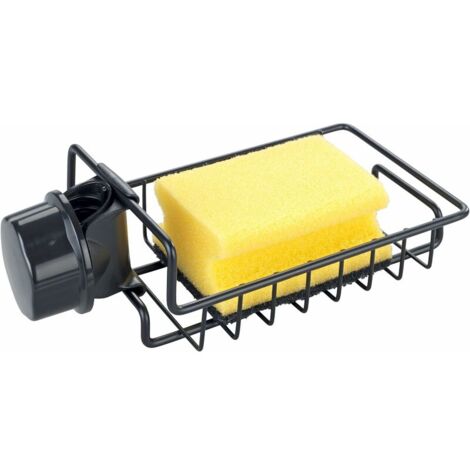 Crediri Schwarzer Spülbecken-Organizer, Wasserhahn-Schwammhalter, Stauraum für Spülmittel und Schwamm, einfache Befestigung an Spüle oder Waschbecken, Metall – Kunststoff, 17 x 4 x 9,5 cm, (1/5)