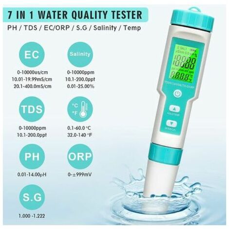 Crediri Digitaler pH-Tester, 7-in-1-Ph/TDS/EC/ORP/SG/Salzgehalt/Temperaturmessgerät mit ATC, 0,01-Auflösung, hochpräziser Stifttester, Wasserqualitätstester mit Hintergrundbeleuchtung (1/5)