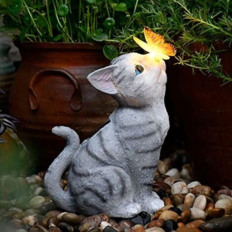 Crediri Katzen-Gartendekorationen, dekorative Schmetterlinge, Solarleuchten für draußen, Balkonarrangements, süße Katzen, Schmetterlinge, Harzdekorationen, Solarleuchten für draußen, kreative Tiere