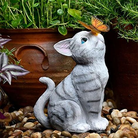 Crediri Katzen-Gartendekorationen, dekorative Schmetterlinge, Solarleuchten für draußen, Balkonarrangements, süße Katzen, Schmetterlinge, Harzdekorationen, Solarleuchten für draußen, kreative Tiere