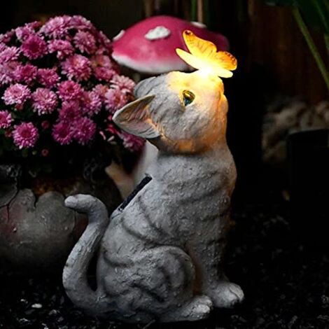 Crediri Katzen-Gartendekorationen, dekorative Schmetterlinge, Solarleuchten für draußen, Balkonarrangements, süße Katzen, Schmetterlinge, Harzdekorationen, Solarleuchten für draußen, kreative Tiere