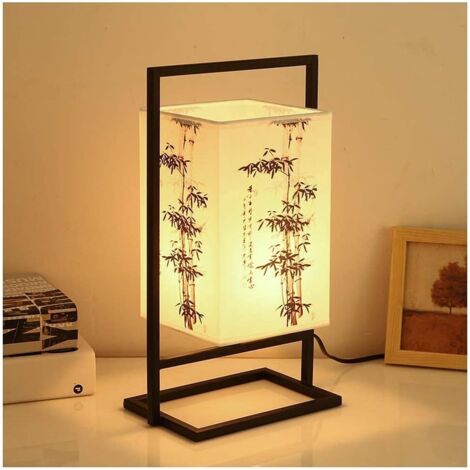 Japanische Schlafzimmer-Nachttischlampe, moderne asiatische Tischlampe mit schwarzem Metallrahmen, quaderförmigem Stoffschirm – weiches Licht, perfekt für Nacht, Dimmer (Color : Bamboo Tree)