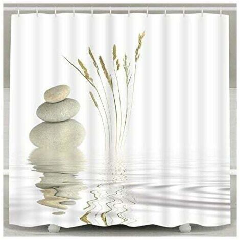 Zen-Stein-Duschvorhang, Wildgras, Spiegelung im Wasser, Duschvorhänge, 12 Haken, Meditations-Design, wasserdichter Stoff, Badezimmer-Duschvorhang (1/5)