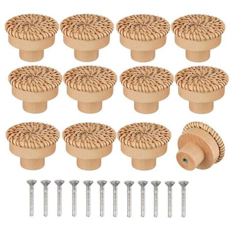 12 Stück runde Rattan-Kommode-Knöpfe im böhmischen Stil, handgefertigt mit Schrauben, Holzmöbel-Kommode-Knöpfe für Kommode, Schubladen, Schrank LO-Ron (1/5)