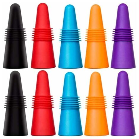 10 Stück Weinverschlüsse, wiederverwendbare Silikon-Getränkeflaschenverschlüsse mit Korken, um den Wein frisch zu halten - Rot, Blau, Orange, Lila, Schwarz (1/5)
