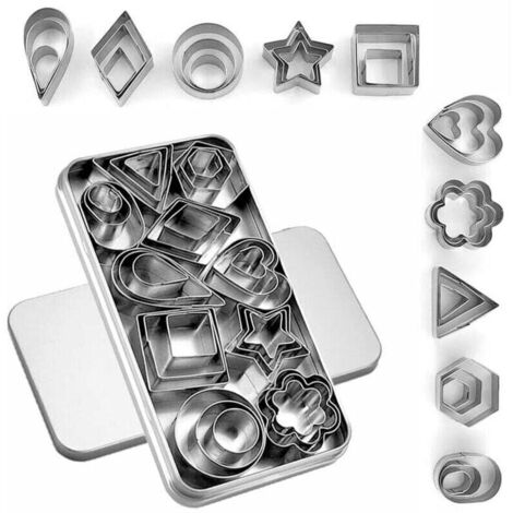 Set mit 30 Mini-Ausstechformen (in Box), Miniaturformen aus Edelstahl für Obst und Gemüse, Modelliermasse, für Kinder, geometrisches Ausstechformen-Set
