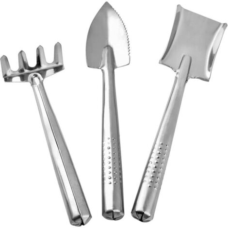 Set mit 3 Mini-Werkzeugen aus Edelstahl für Sukkulenten – kleine Schaufel und Rechen – leichtes Garten-Set – Pflanzkelle – Handrechen für Kakteen, Kräuter und Pflanzen (1/4)