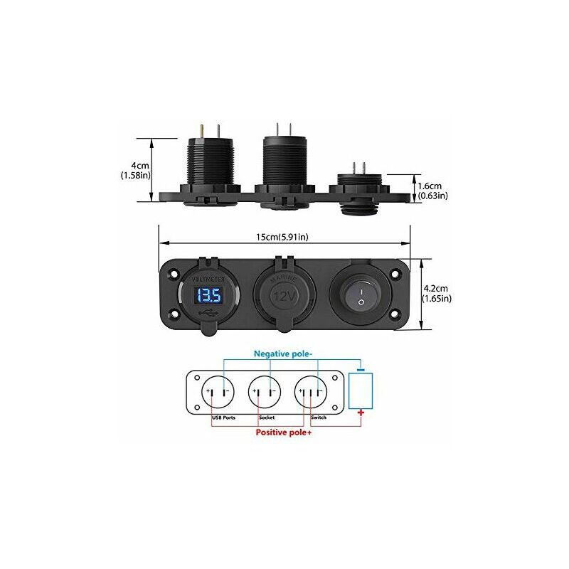 Meipire - Splitter accendisigari 12 V - 24 V Dual, caricatore QC USB 3.0 con display del voltmetro a LED + presa USB + interruttore indipendente impermeabile, per auto, barca, moto, camion