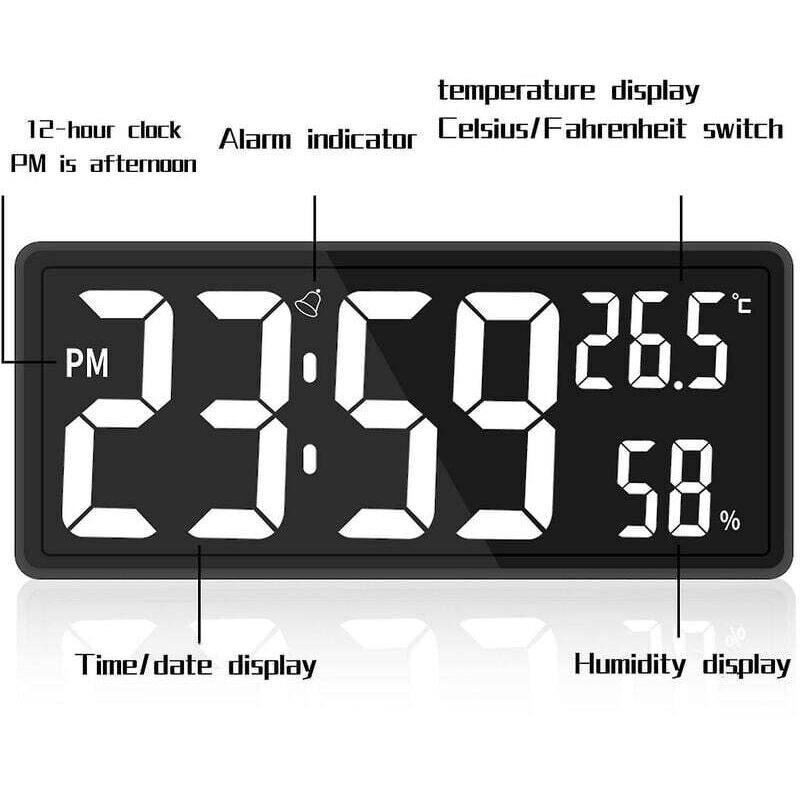 BORDEAG – Orologio Digitale Da Parete LCD Con Data E Temperatura – Display 12/24 H, Alimentazione USB O Batteria – Bianco 20,2x8 Cm