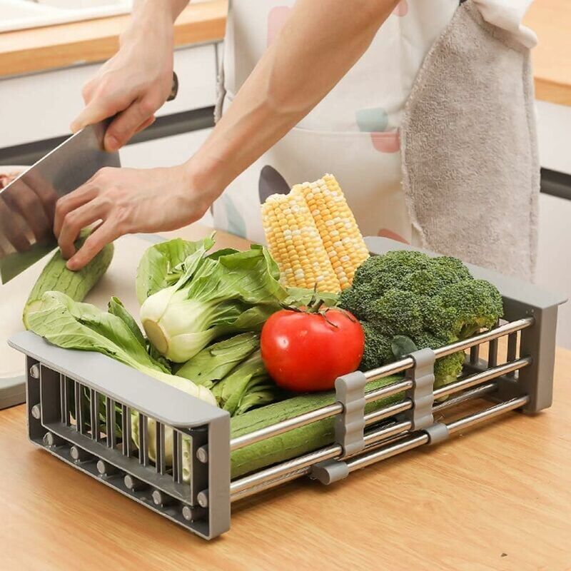 Scolapiatti Telescopico In Acciaio Inox - Cestello Scolatutto Da Lavello Con Braccioli Regolabili Salvaspazio Per Stoviglie Frutta E Verdura