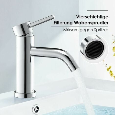 Rubinetto bagno Ulisem in acciaio inox cromato, miscelatore acqua calda e fredda, facile da installare, dimensioni altezza 18,5 cm, lunghezza 19,3 cm.