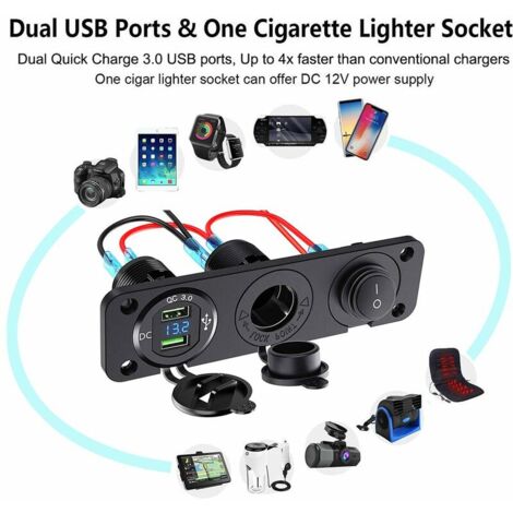 Presa Accendisigari 12V/24V Con 2 Porte USB QC3.0 E Voltmetro LED – Completa Di Interruttore
