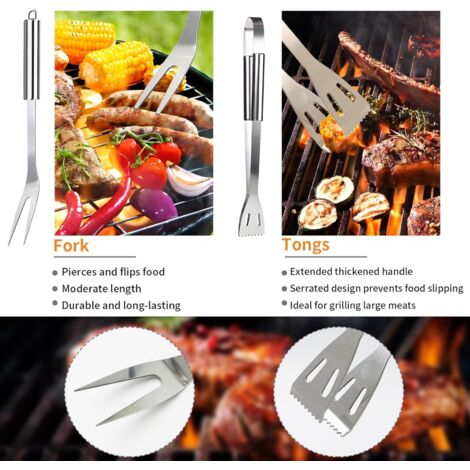 Gizzo Set Di Utensili Per Barbecue In Acciaio Inox Con Manici In Legno, 5 Pezzi: Pinza, Spatola, Forchettone, Coltello E Spazzola, Con Custodia, Per Griglia E Campeggio - 3