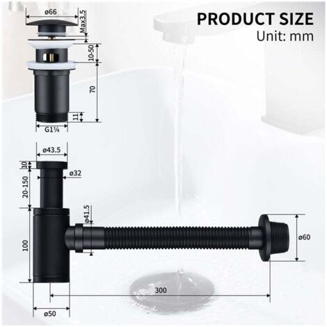 Scarico per lavabo nero opaco da 66 mm, con pulsante Click