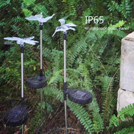 Confezione da 3 luci solari da giardino a forma di farfalla, colibrì, libellula, LED multicolore ad energia solare