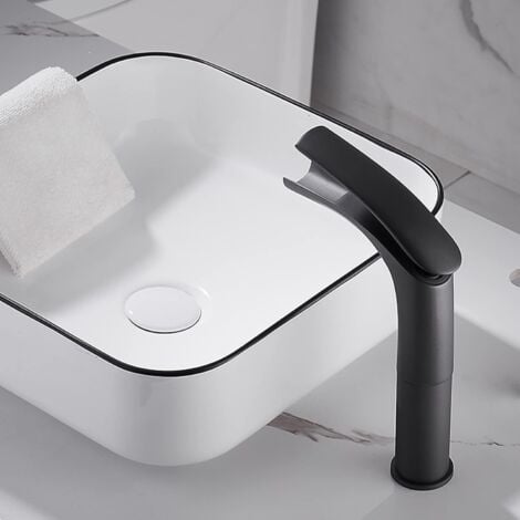 SJQKA Waterfall Bathroom Faucet Black, Waterfall Basin Faucet, Waterfall Bathroom Mixer Tap with Single Lever Ceramic Valve Adjustable Hot and Cold (Black - High)