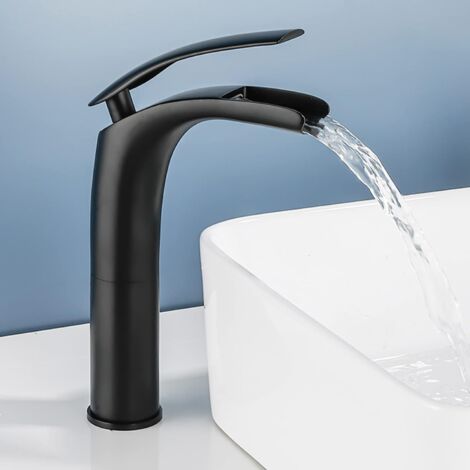 SJQKA Waterfall Bathroom Faucet Black, Waterfall Basin Faucet, Waterfall Bathroom Mixer Tap with Single Lever Ceramic Valve Adjustable Hot and Cold (Black - High)
