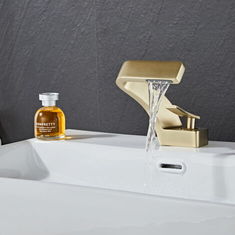 Modern Waterfall Basin Faucet for Bathroom Single Lever Mixer Tap Bathroom Faucet Brass Faucet，Brushed Gold（with Hose）