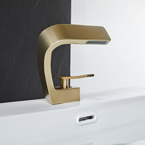 Modern Waterfall Basin Faucet for Bathroom Single Lever Mixer Tap Bathroom Faucet Brass Faucet，Brushed Gold（with Hose）