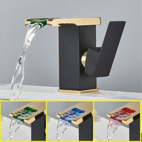 LED Waterfall Basin Faucet-black and gold bathroom faucet-golden sink mixer-vintage faucet-brass