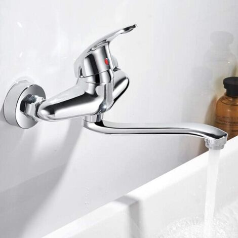 Kitchen Wall Faucet, Stainless Steel Wall Mounted Mixer, Swivel for Kitchen Sink, Hot and Cold Water（Silver）