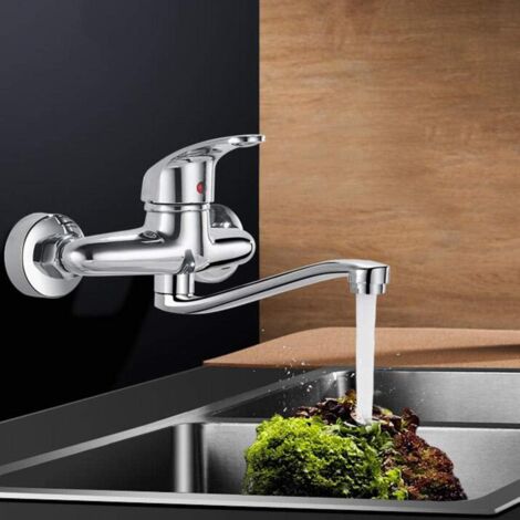 Kitchen Wall Faucet, Stainless Steel Wall Mounted Mixer, Swivel for Kitchen Sink, Hot and Cold Water（Silver）