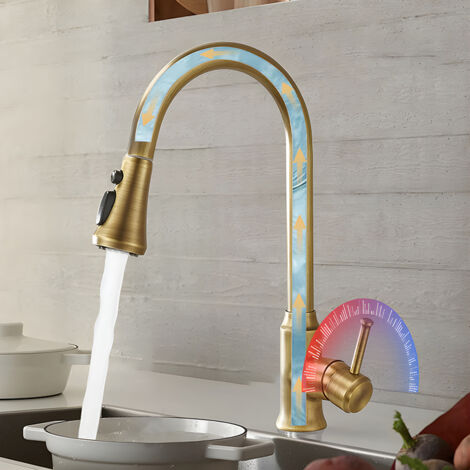 Elegant Copper Kitchen Faucet, Antique Style, 360° Rotation, Dual Control for Hot/Cold Temperature, Three Water Modes - Optimized Design for Comfort and Durability