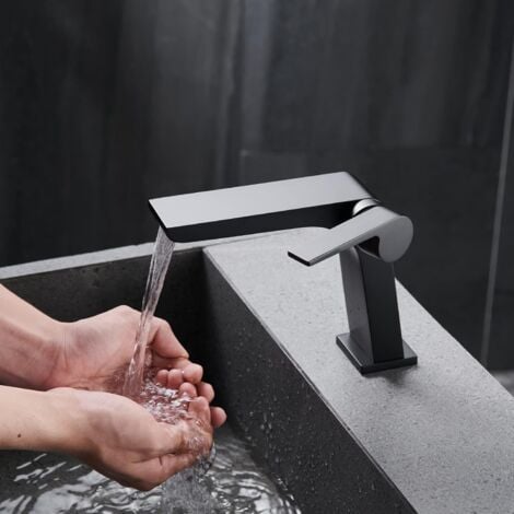 SJQKA Bathroom Waterfall Faucet, Waterfall Basin Faucet, Waterfall Bathroom Mixer Tap with Adjustable Hot and Cold Single Handle Ceramic Valve (Black)