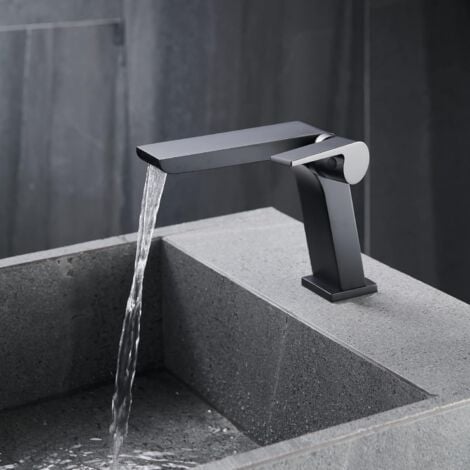 SJQKA Bathroom Waterfall Faucet, Waterfall Basin Faucet, Waterfall Bathroom Mixer Tap with Adjustable Hot and Cold Single Handle Ceramic Valve (Black)