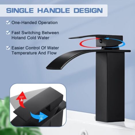 Waterfall Bathroom Faucet, Brass Mixer Tap, Hot and Cold Water Available, G 3/8 Chrome Taps - Black