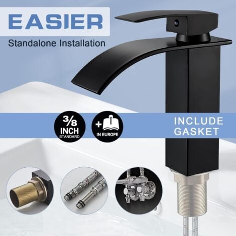 Waterfall Bathroom Faucet, Brass Mixer Tap, Hot and Cold Water Available, G 3/8 Chrome Taps - Black