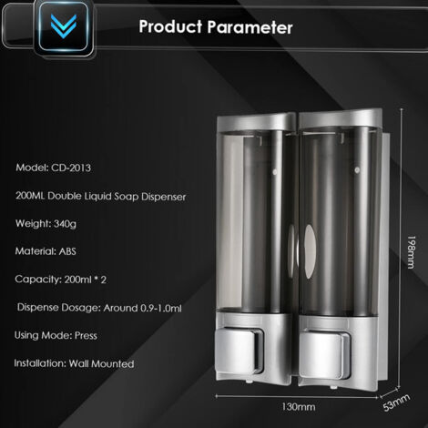 200mlx2 Wall Mounted Manual Soap Dispenser, Liquid, Shampoo Shower Gel Liquid Dispenser