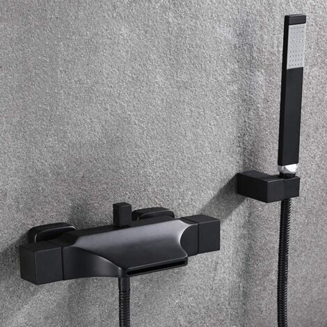 SJQKA Wall Mounted Waterfall Bathtub Mixer Bathtub Faucet Wall Mounted Waterfall Shower Head Hot and Cold Bathtub Faucet (black-Hand shower)